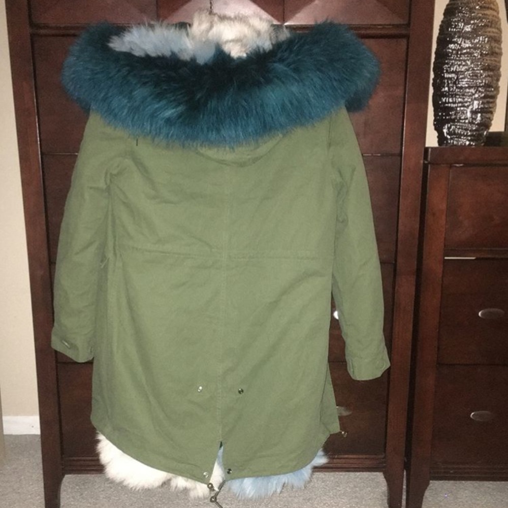 Fox fur parka detachable fur unisex size extra large blue white green army coat